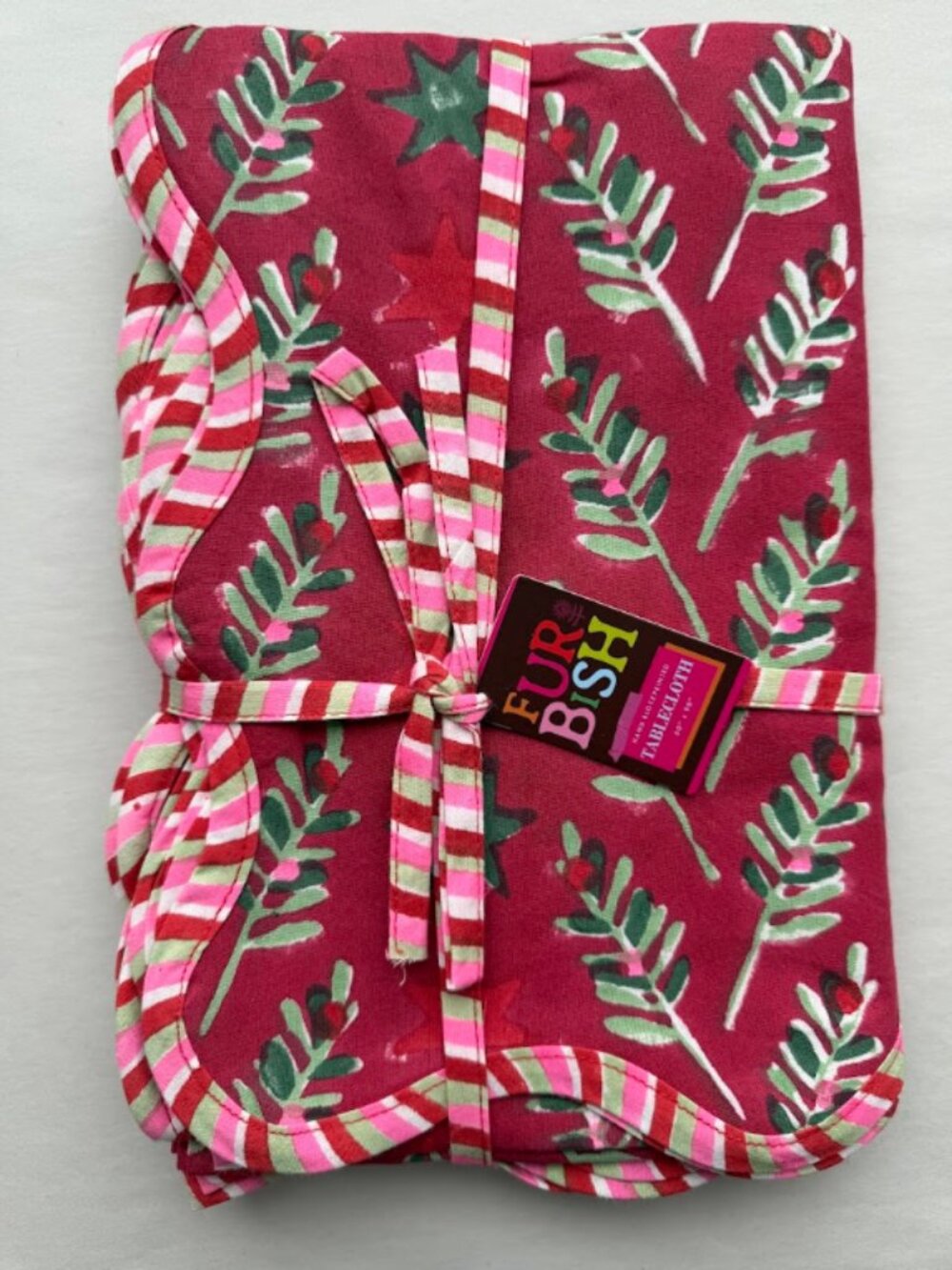 NWT Furbish Studio Blockprint Tablecloth 60x90 Pink Red Green Holiday Christmas